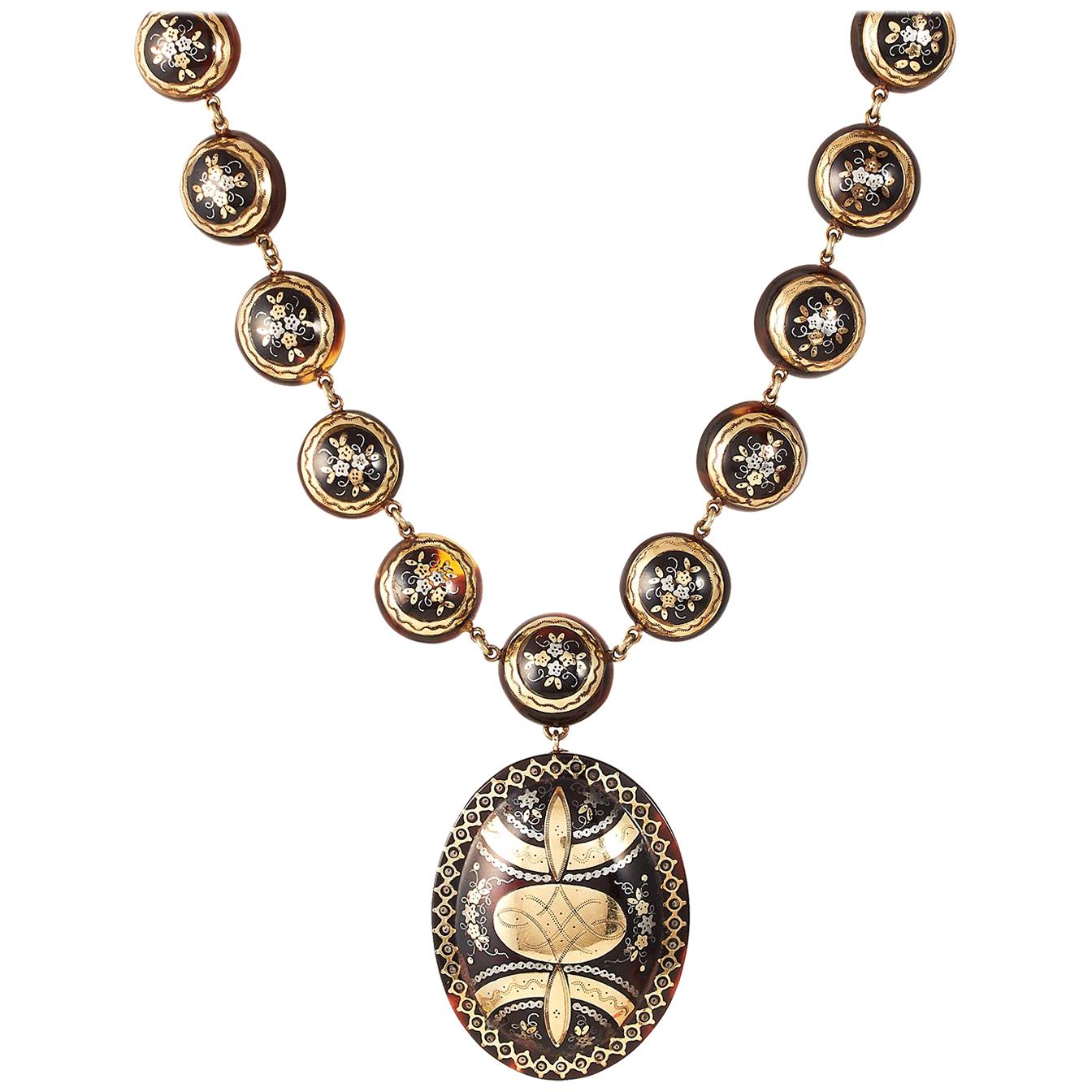 19th Century Antique Tortoiseshell Pique Necklace