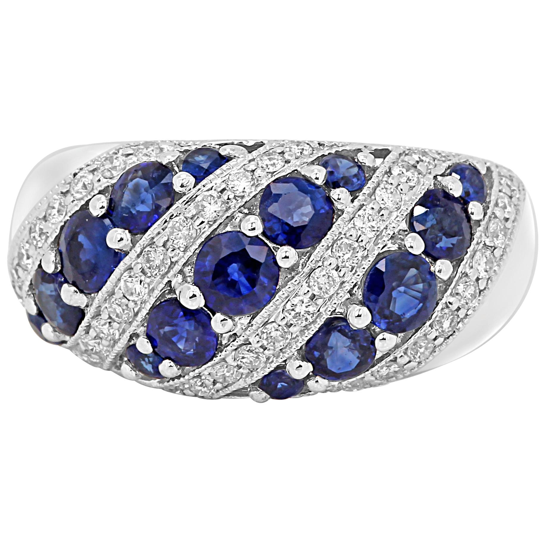 Blue Sapphire Round White Diamond Fashion Cocktail Gold Dome Band Ring
