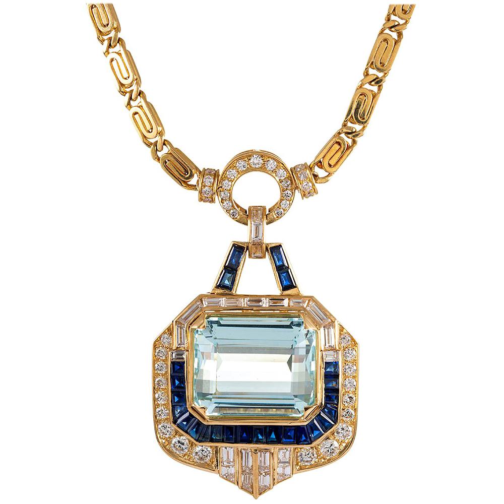 34.60 Carat Aquamarine, Sapphire and Diamond Pendant