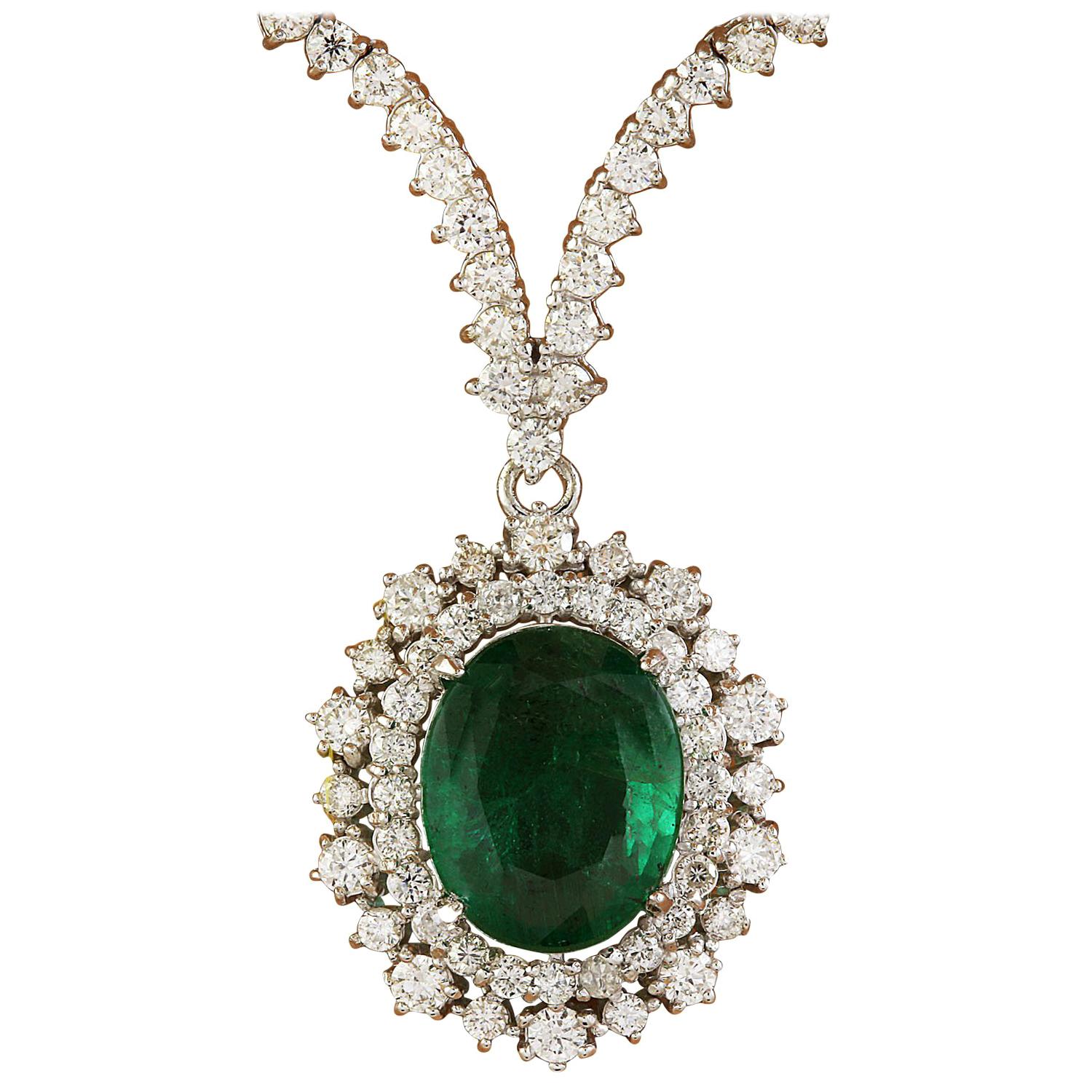 9.45 Carat Emerald 18 Karat Solid White Gold Diamond Necklace