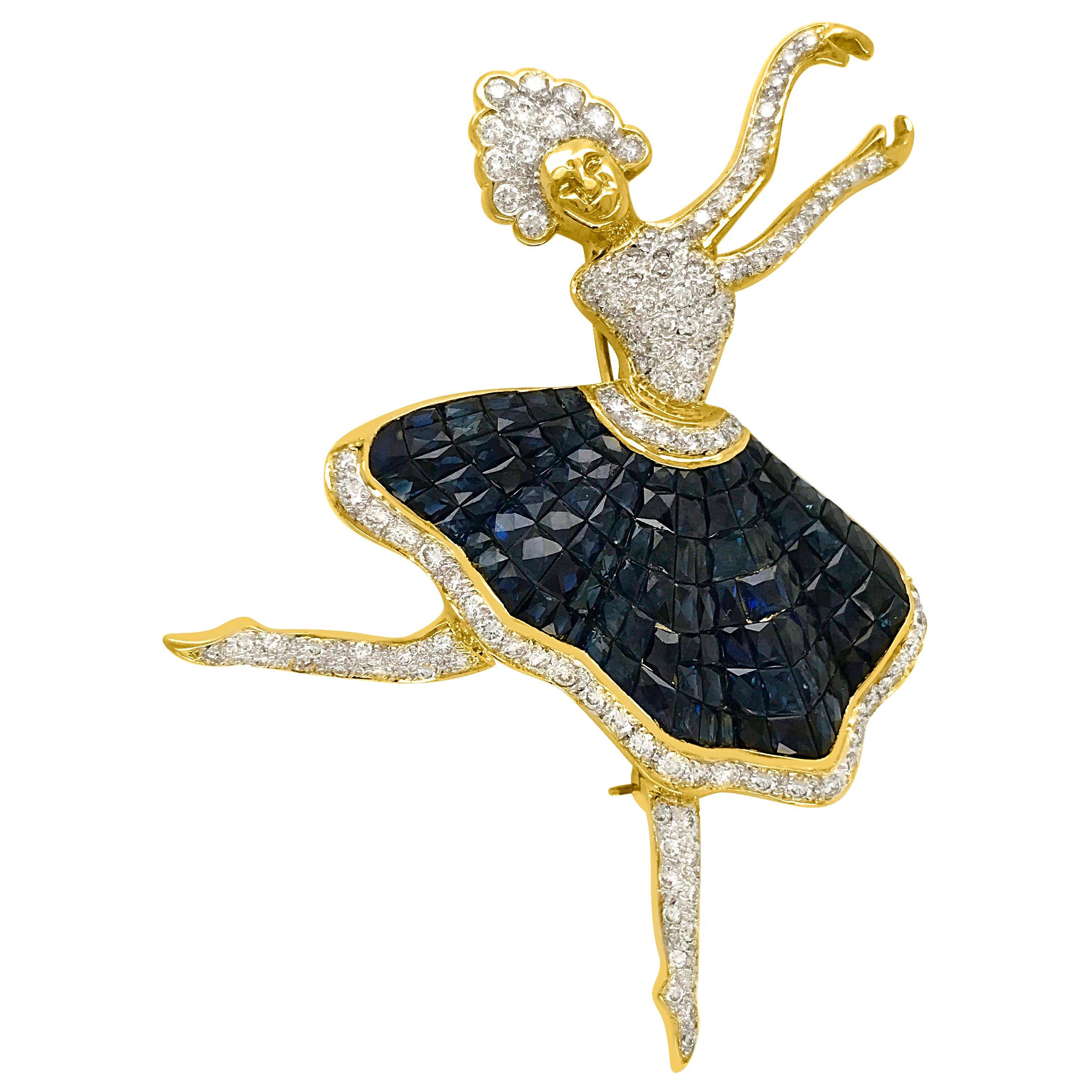 18 Karat Gold Diamond and Sapphire Ballerina Brooch
