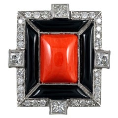 Art Deco Style Coral, Onyx and Diamond Plaque Ring