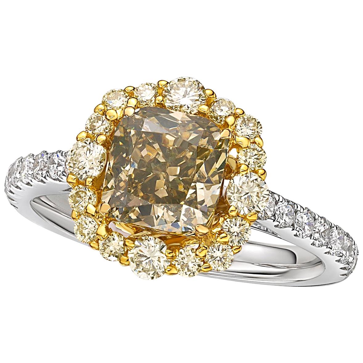 GIA Certified 2.01 Carat Fancy Dark Gray-Yellowish Green Diamond Ring For Sale