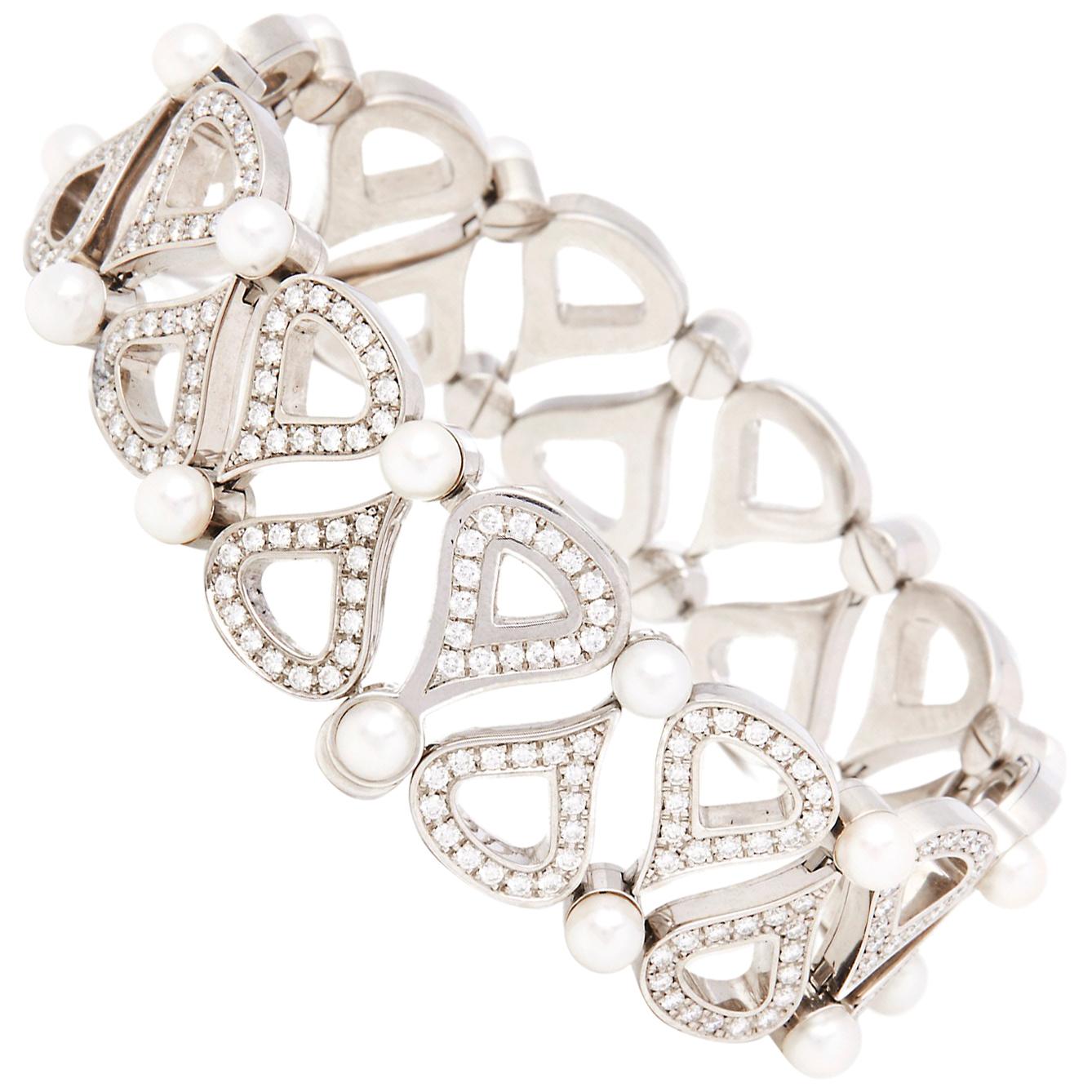 Chopard 18 Karat White Gold Cultured Pearl & Diamond Bracelet