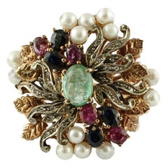 Emeralds Diamonds Rubies Blue Sapphires Pearls 9 Karat Rose Gold and Silver Ring