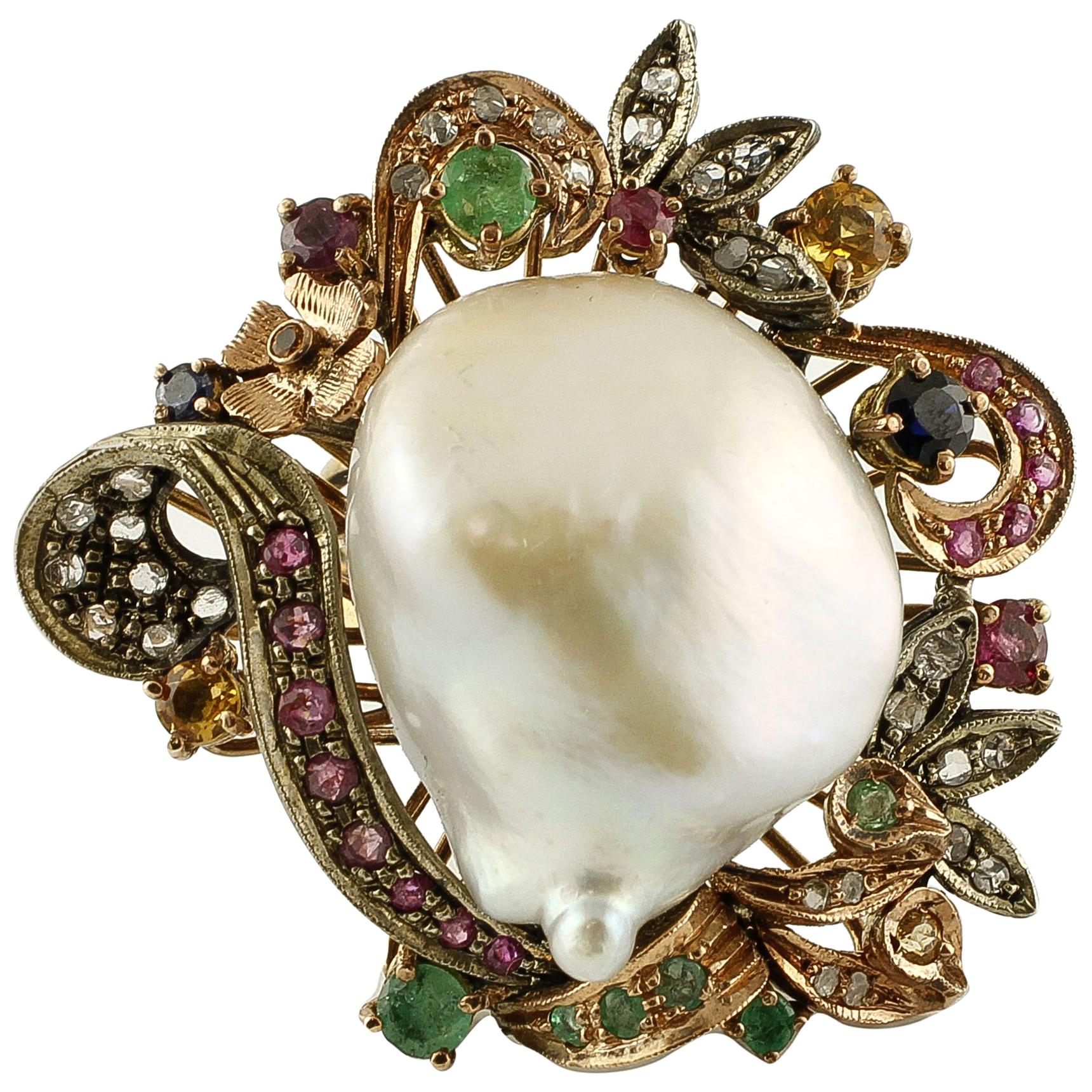 Baroque Pearl, Emeralds, Rubies, Sapphires, 9 Karat Gold and Silver Retro Ring