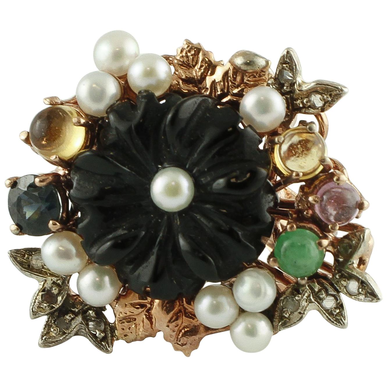 Onyx Diamonds Emeralds Sapphires Pearls 9 Karat Rose Gold and Silver Flower Ring For Sale