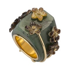 18 Carat Yellow Gold, Moss Agate, Yellow Sapphire and Mother of Pearl Ring