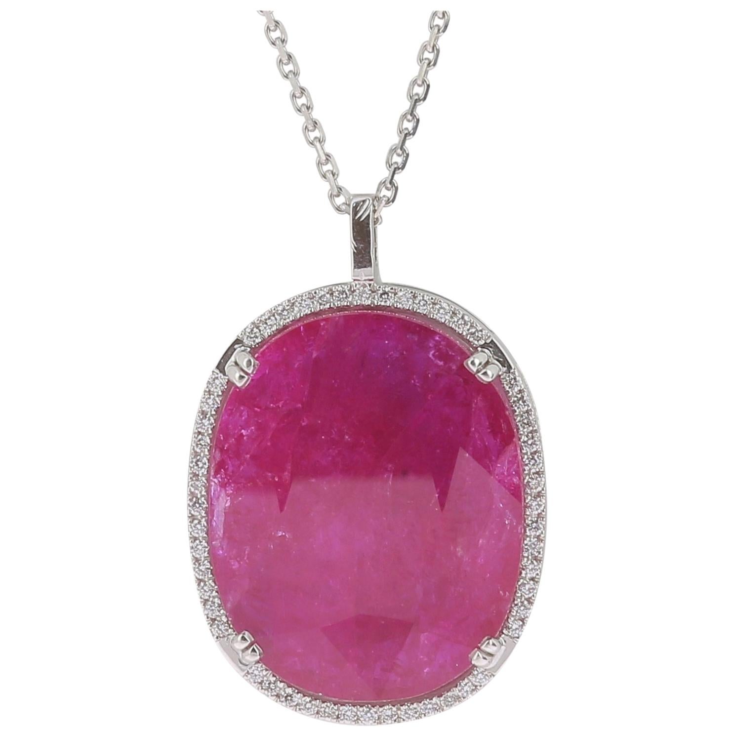 28.7 Carat No Heated Ruby Pendant Necklace 18 Karat Gold GVS Round Diamonds