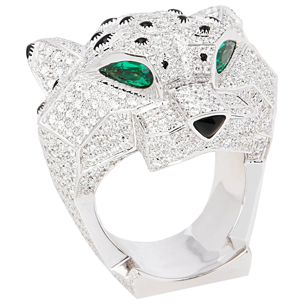 Cartier 18 Karat White Gold Diamond, Emerald & Onyx Large Panthere Ring
