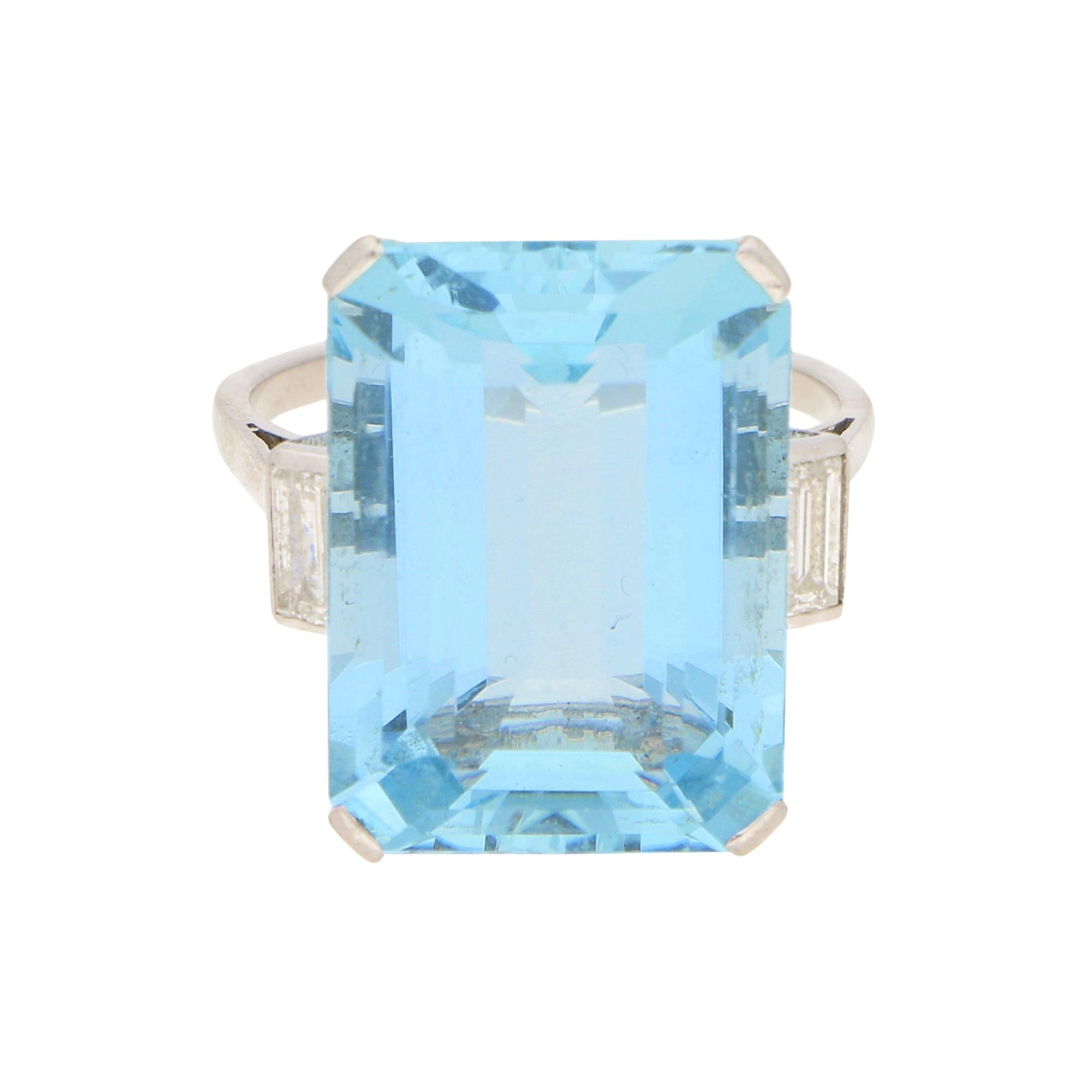 Art Deco Aquamarine and Diamond Cocktail Ring in Platinum  17.00 Carat