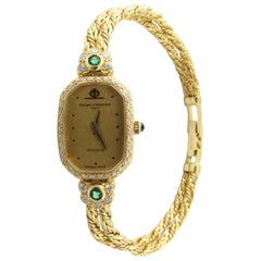 Vintage Baume & Mercier 18 Karat Yellow Gold Emerald Diamond Ladies Watch Quartz