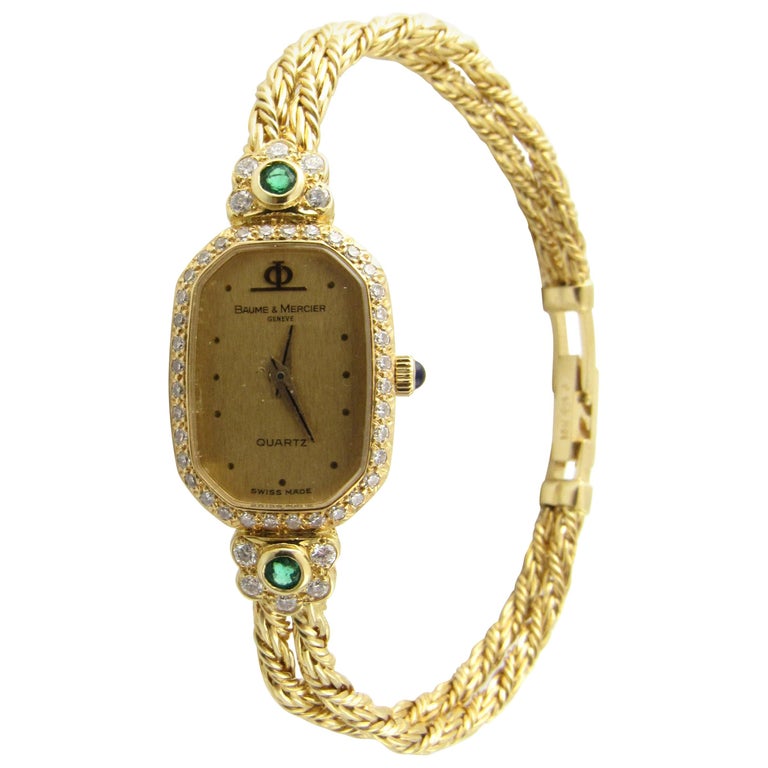 Baume and Mercier 18 Karat Yellow Gold Emerald Diamond Ladies Watch Quartz  at 1stDibs