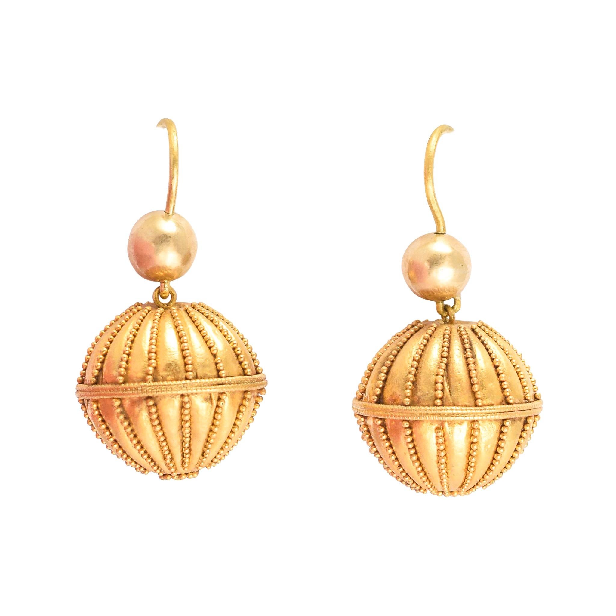 Antique Victorian Etruscan Revival Gold Orb Earrings