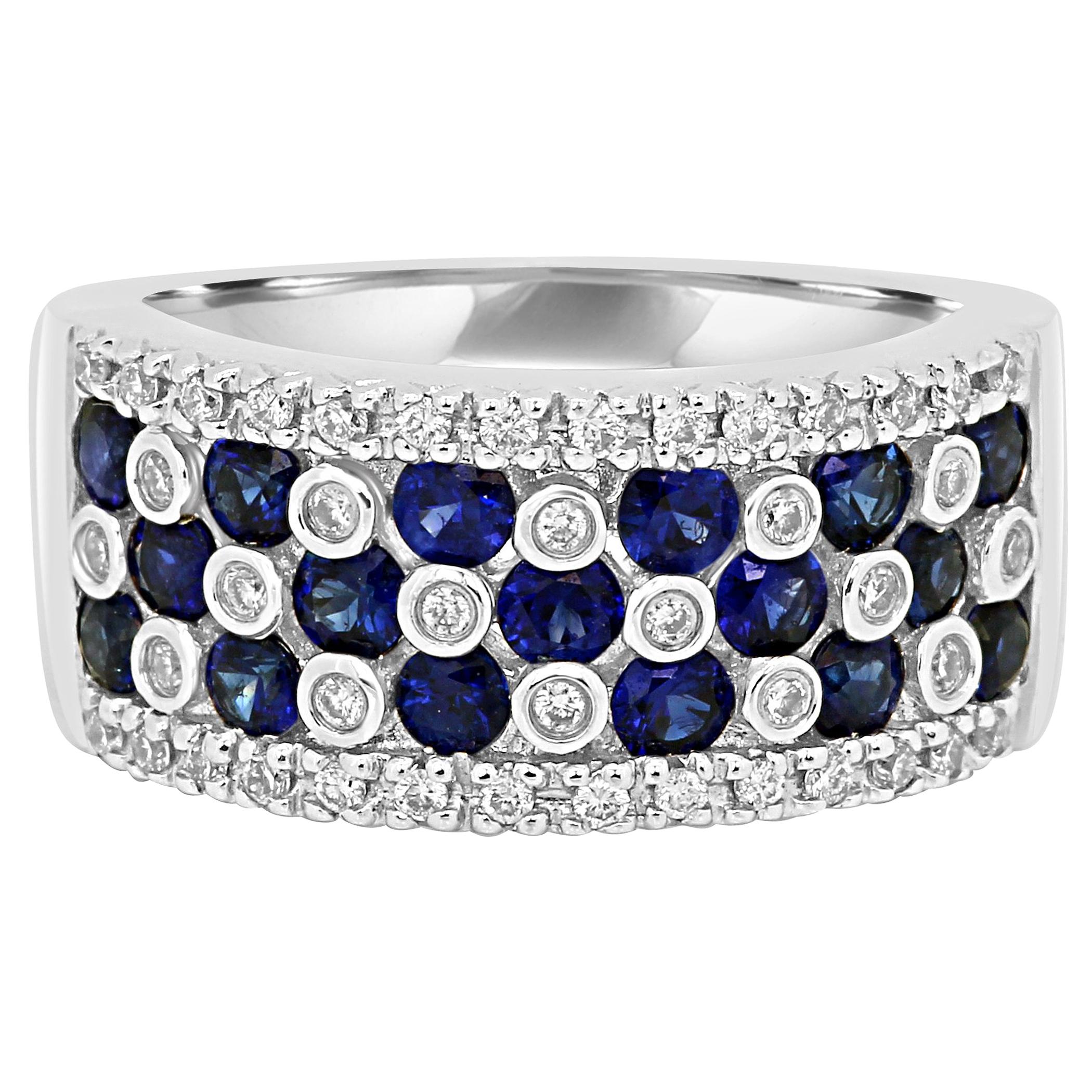 Blue Sapphire Round White Diamond Cocktail Fashion Gold Band Ring