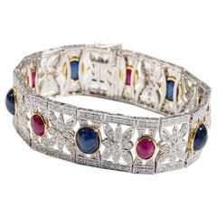 Platinum Diamond Sapphire Ruby Vintage Art Deco Style Bracelet