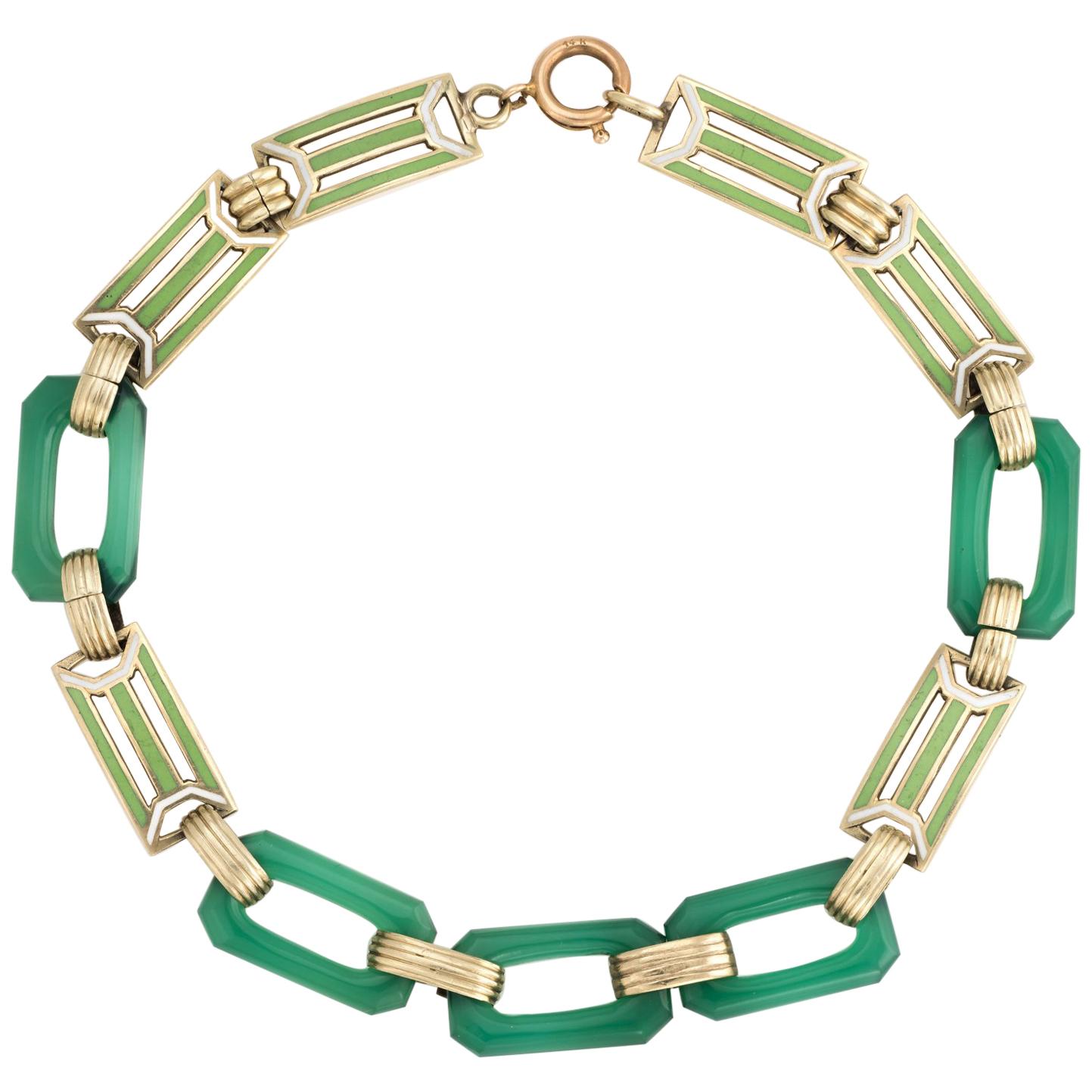 Antique Deco Enamel Bracelet Chrysoprase 14k Gold Green Square Links Vintage