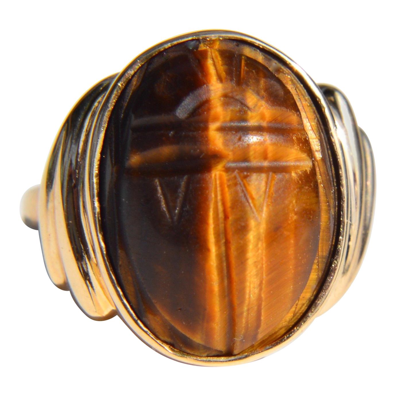 Vintage 10 Karat Gold 8.5 Carat Tiger's Eye Scarab Beetle Cocktail Ring