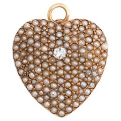 Antique Victorian Heart Pendant Pave Seed Pearls Diamond 14k Rose Gold Vintage