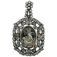 Cherub Locket Pendant 19th Century French Black Dot Paste Silver En Grisaille