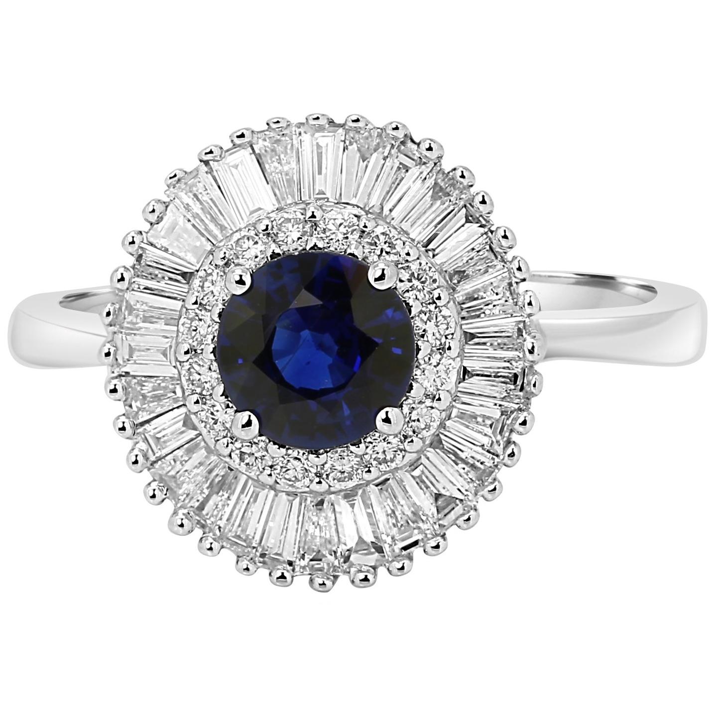 Blue Sapphire Diamond Double Halo Gold Art Deco Style Ballerina Cocktail Ring