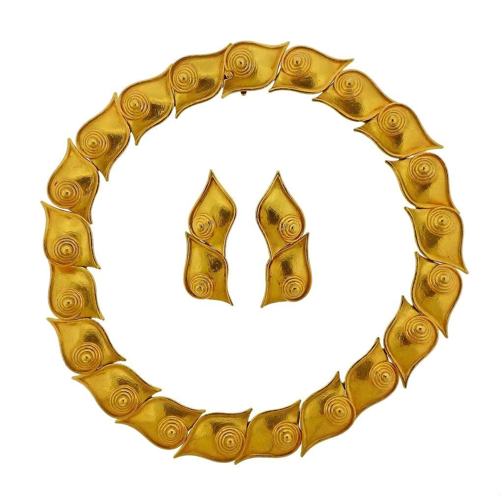 Zolotas Greece Gold Swirl Motif Necklace Earrings Set For Sale