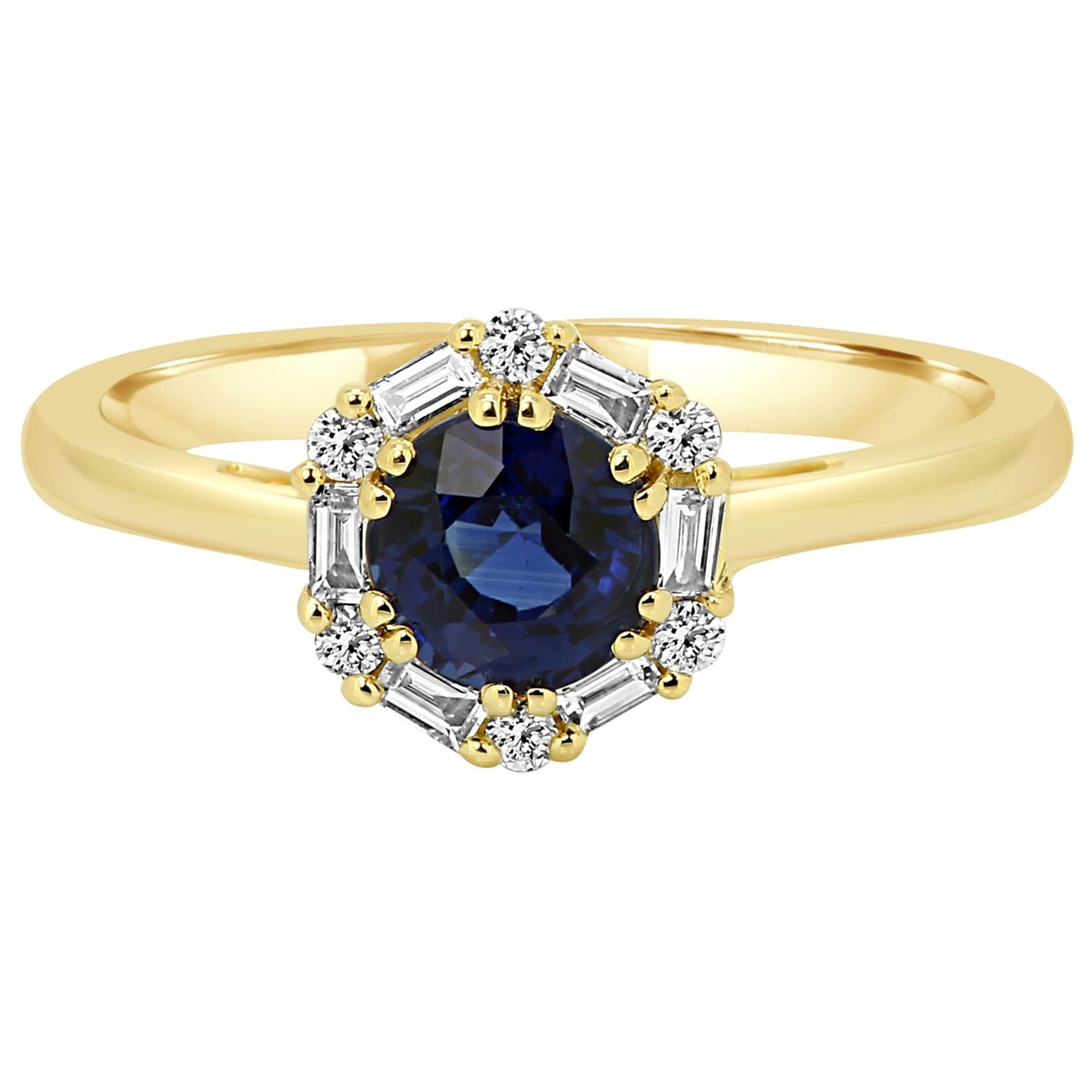 Blue Sapphire Round Diamond Halo Gold Bridal Cocktail Ring