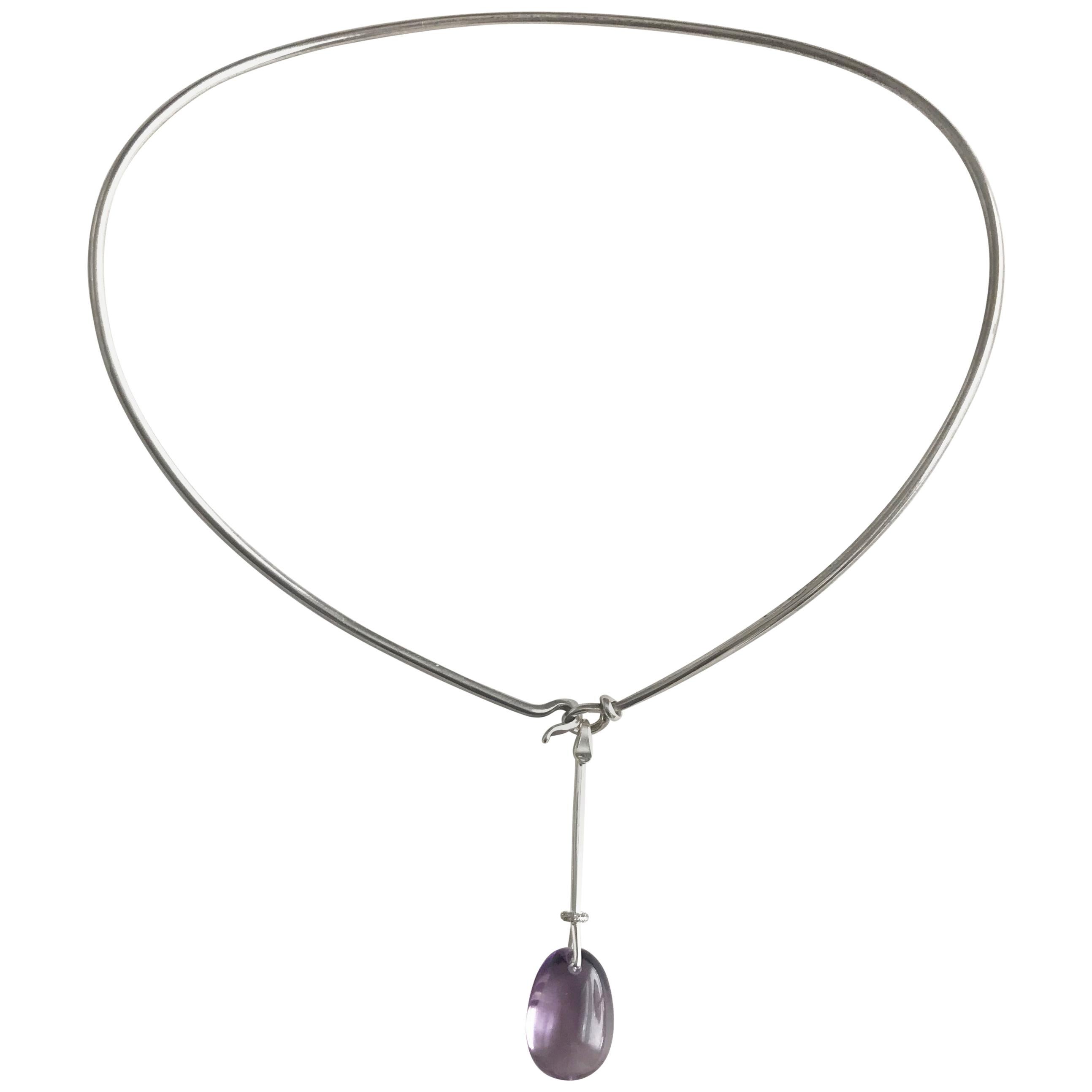 Georg Jensen Sterling Silver Neckring No. 174 and "Dewdrop" Pendant w/ Amethyst For Sale