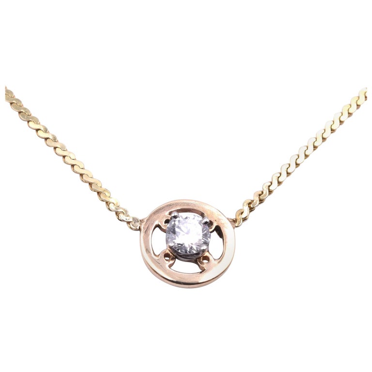 14 Karat Yellow Gold Vintage Diamond Solitaire Necklace For Sale at 1stdibs