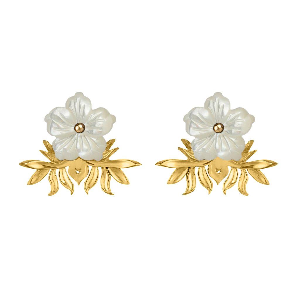 18 Carat Yellow Gold Vermeil and Hand Carved Mother of Pearl Flower Earrings For Sale