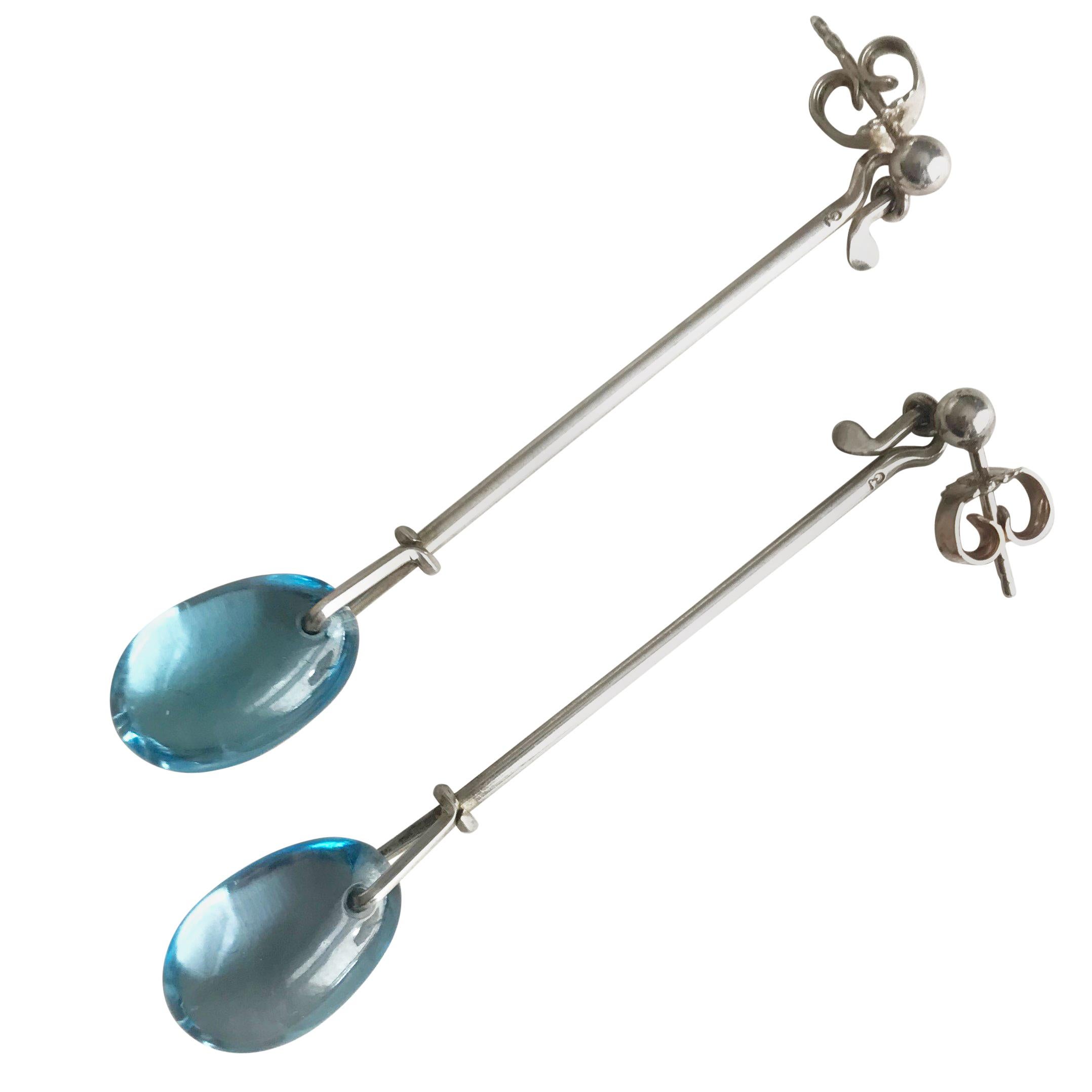 Georg Jensen Sterling Silver "Dewdrop" Earrings with Blue Topaz For Sale