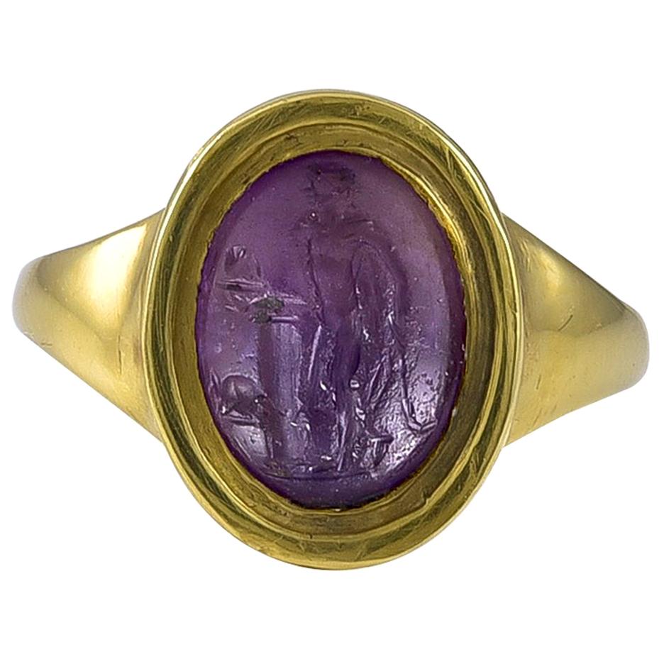 Small Ancient Roman Amethyst Intaglio of the God Mercury in a Later Gold Ring For Sale