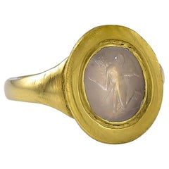 Ancient Roman White Agate Intaglio in a Later Gold Ring Mount