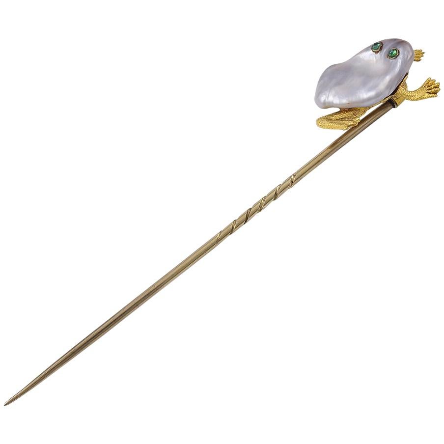Antique Victorian Gold, Pearl and Emerald Frog Stickpin For Sale