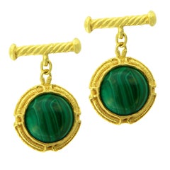 Sacchi Green Malachite Gemstone 18 Karat Satin Yellow Gold Round Chain Cufflinks