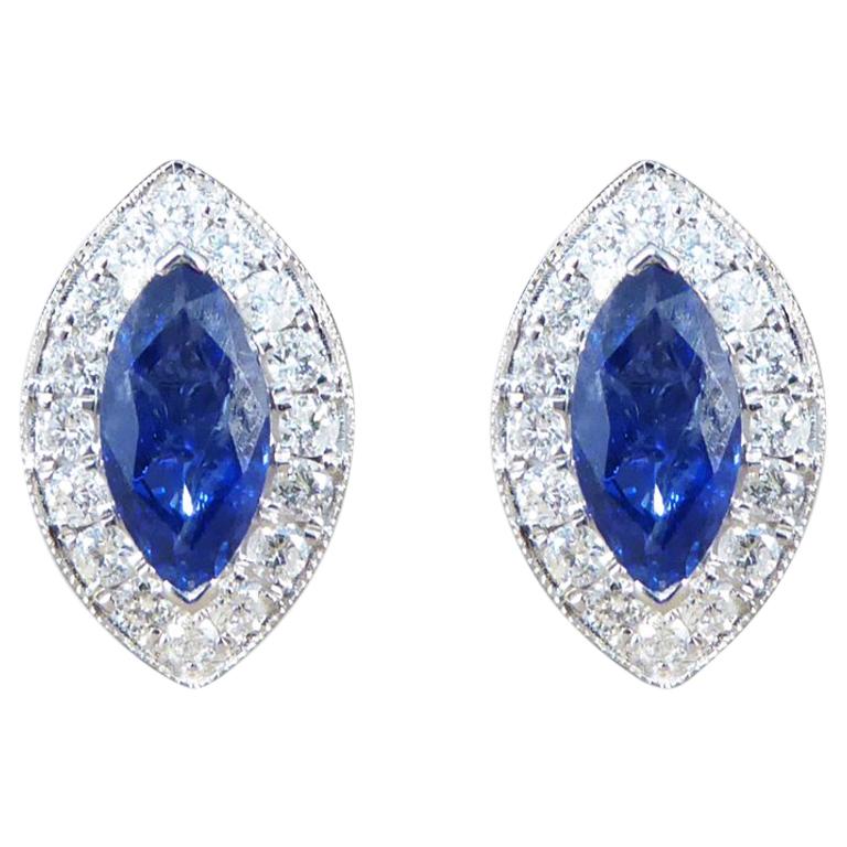 Marquise Cut Sapphire and Diamond Cluster Earrings in 18 Carat White Gold