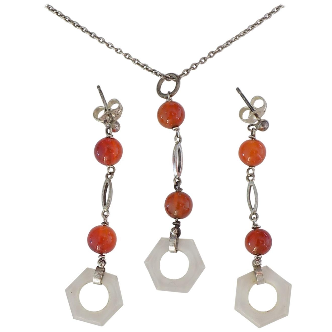 Art Deco 1930s Sterling Silver Rock Crystal Agate Earrings and Necklace Set For Sale