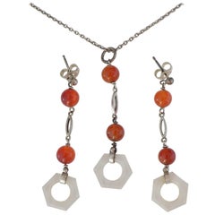 Ensemble boucles d'oreilles et collier Art déco des années 1930 en argent sterling, agate et cristal de roche