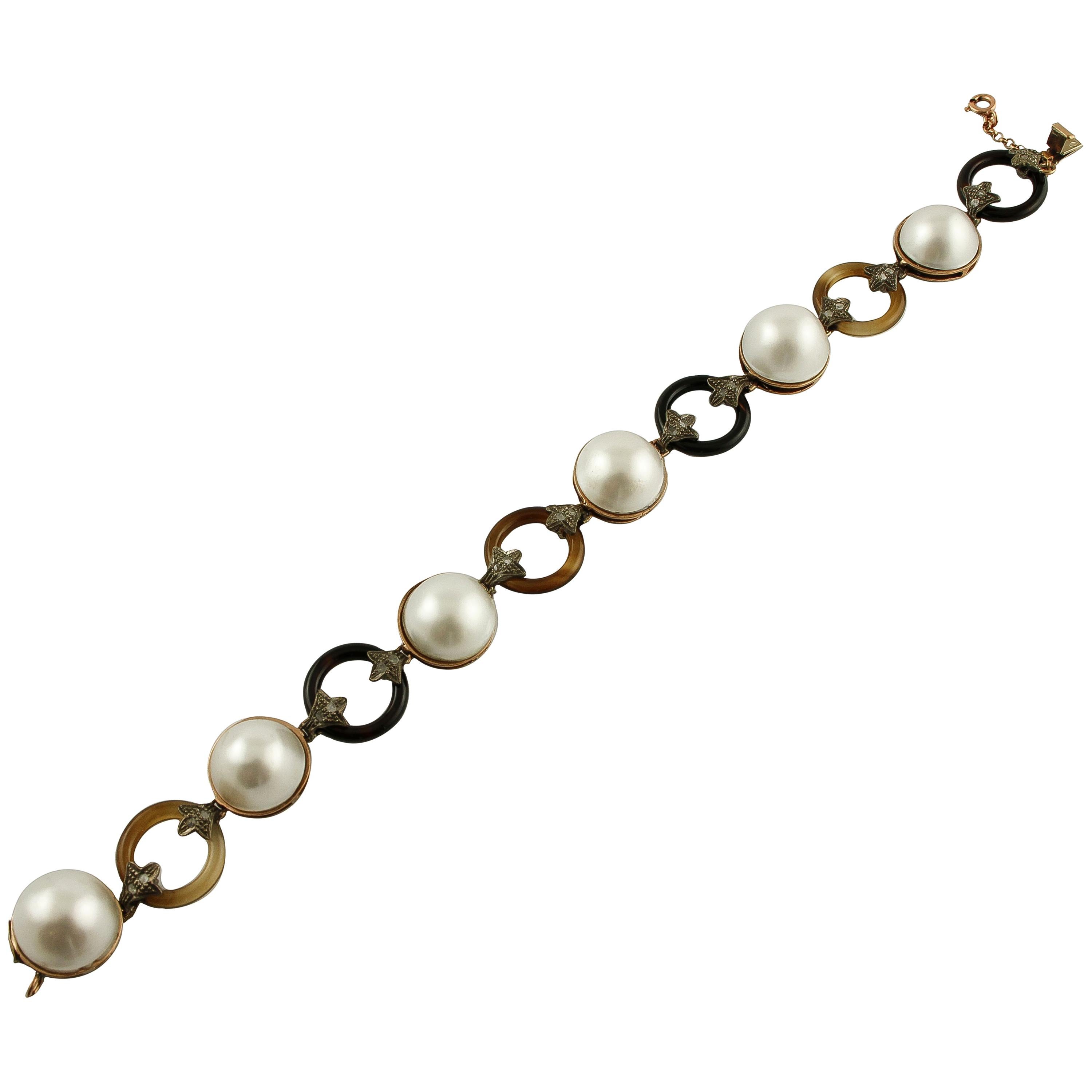 Pearls, Diamonds, Hard Stones Ring, 9 Karat Rose Gold and Silver Bracelet