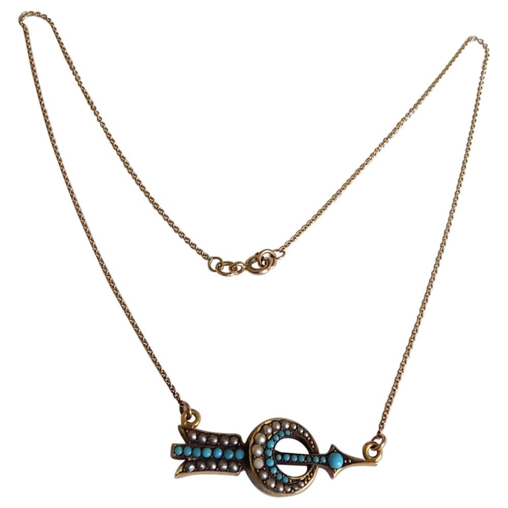 Victorian Gold Turquoise Pearl Arrow Target Crescent Necklace