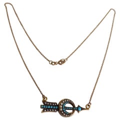 Victorian Gold Turquoise Pearl Arrow Target Crescent Necklace