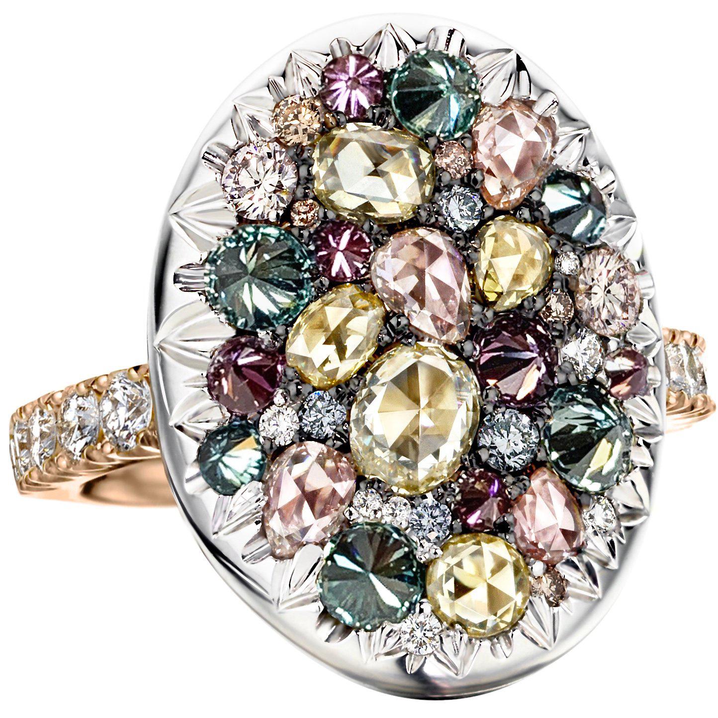 18K Rose & White Gold 2, 795 Ct. Blue, Green, Purple, Pink Diamond Cocktail Ring