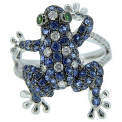 0.80 Carat Blue Sapphire and 0.30 Carat Diamond Frog Ring, White Gold