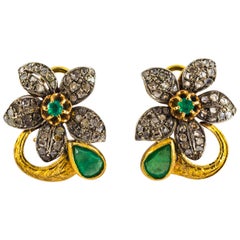 2.60 Carat White Rose Cut Diamond Emerald Yellow Gold Clip-On Flowers Earrings