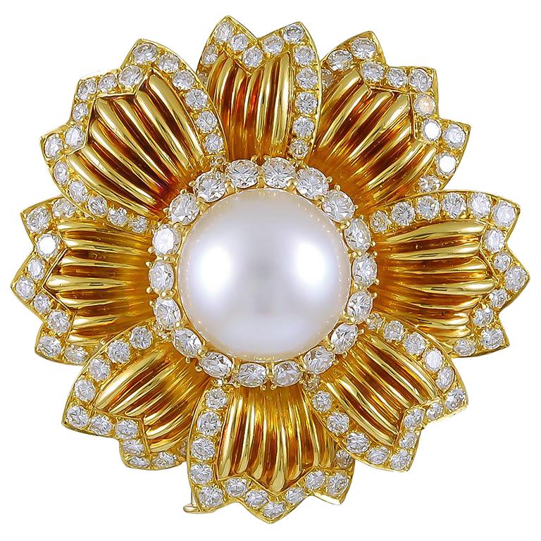 Van Cleef & Arpels Diamond and Pearl Flower Brooch