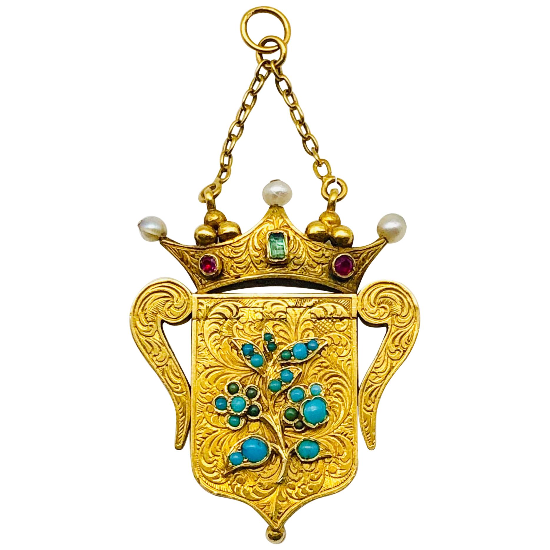 Antique Forget Me Not Vinaigrette Crown Pearl Emerald Ruby Gold Locket Pendant