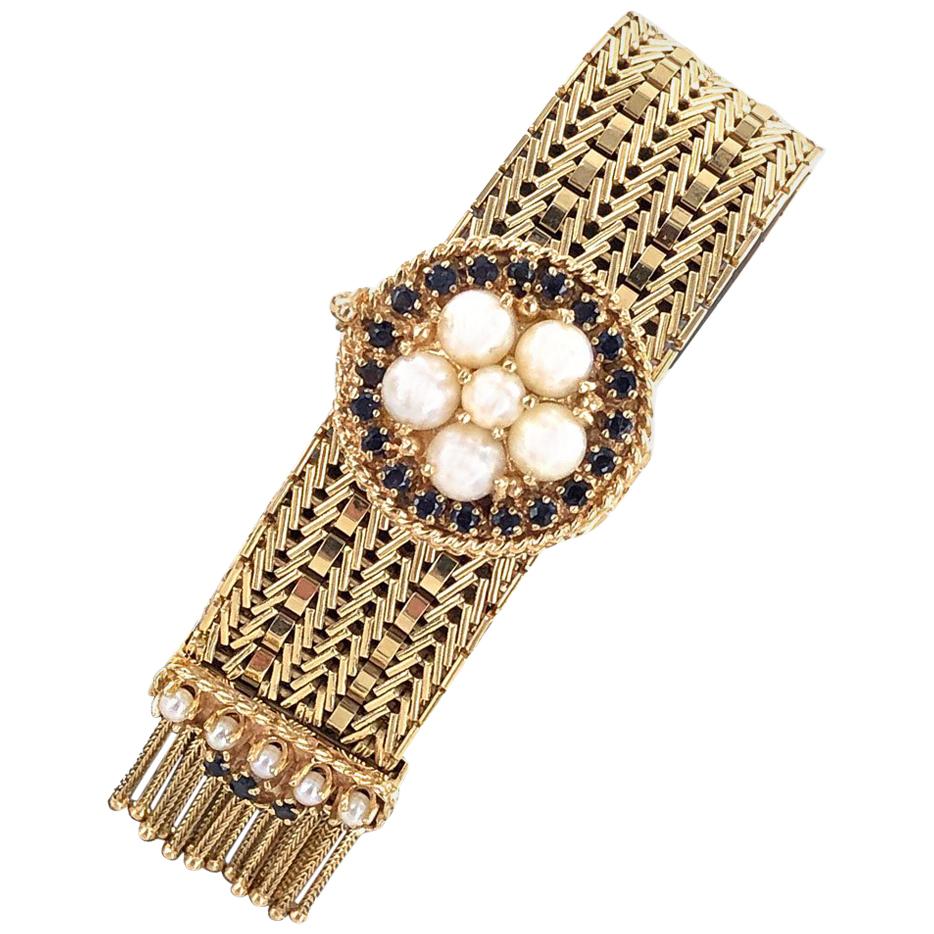 1960s Tassel Slide Bracelet Pearl Sapphire Clasp