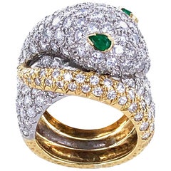 Diamond Emerald Vintage Snake Ring 18 Karat Yellow Gold Platinum