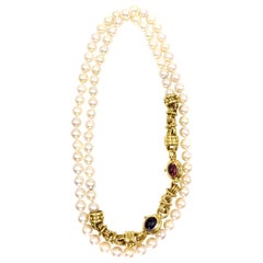 Vintage Long Cultured Pearl Necklace with Detachable 18 Karat Gemstone Bracelet