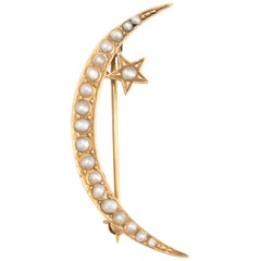 Antique Victorian Brooch Pin Crescent Moon Star 14 Karat Gold Fine Vintage